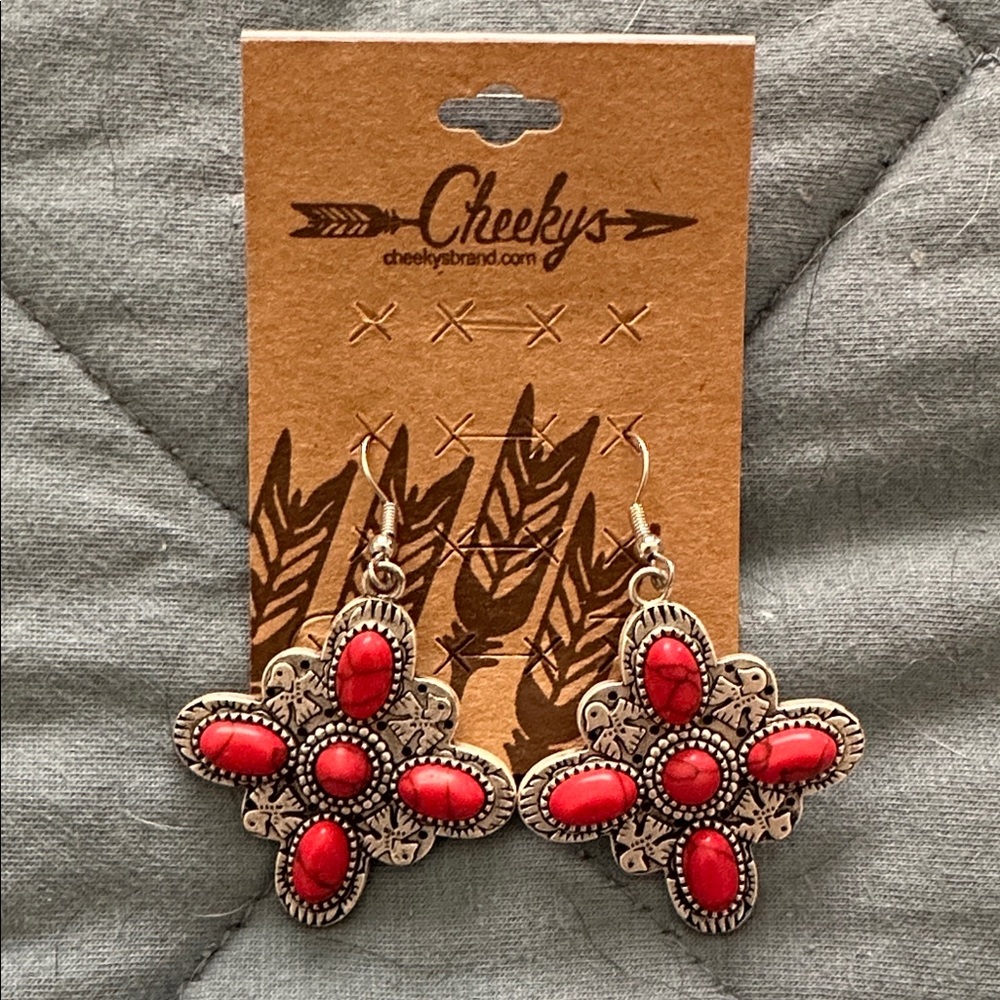 Red Turquoise and Silver Cross Earrings